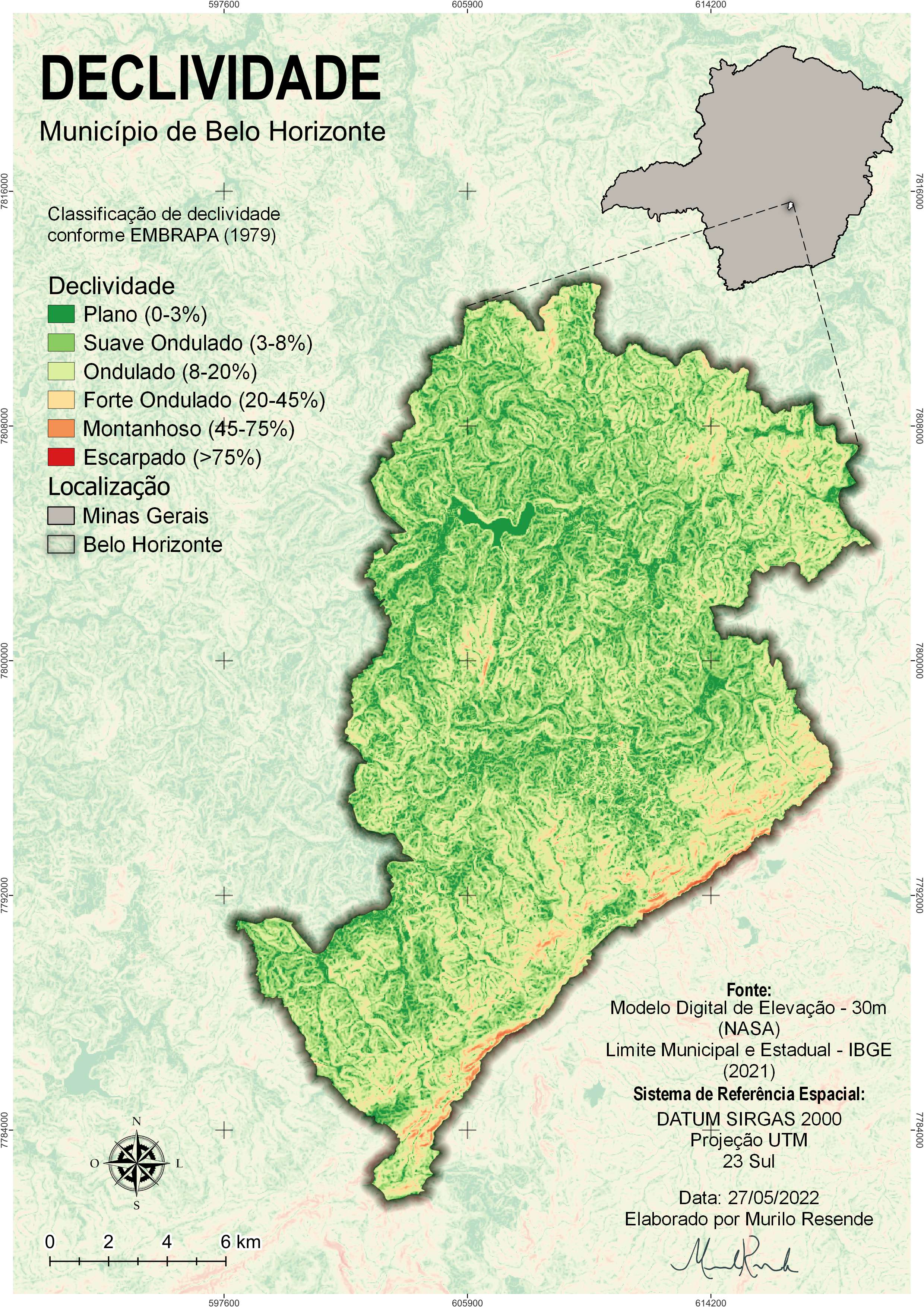 Mapa de declividade do município de BH.