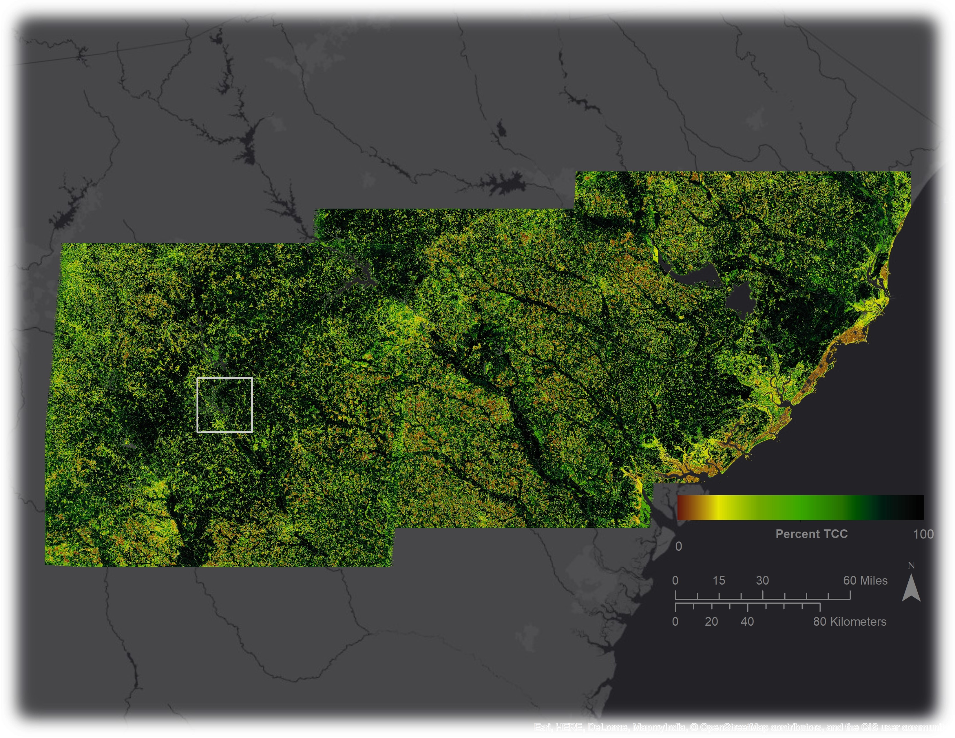TCC across three Landsat tiles in the SE USA