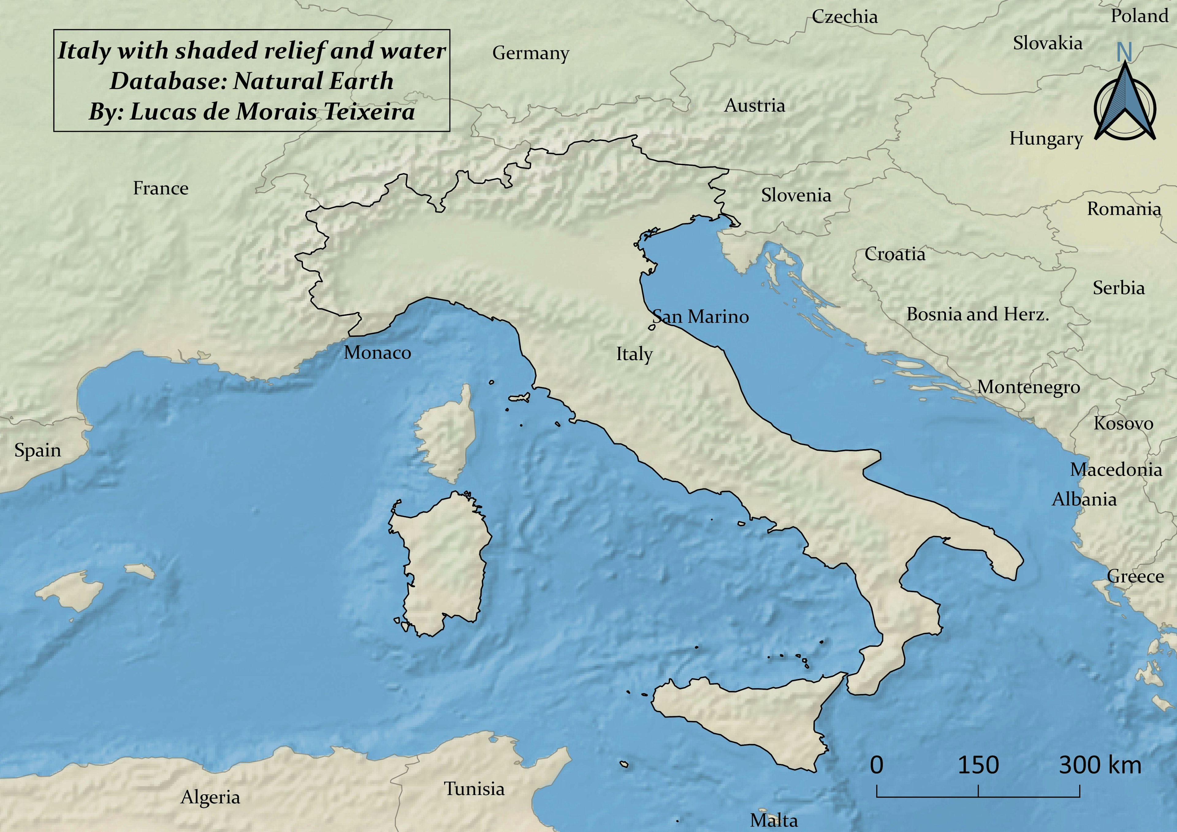 Italy with shaded relief and water