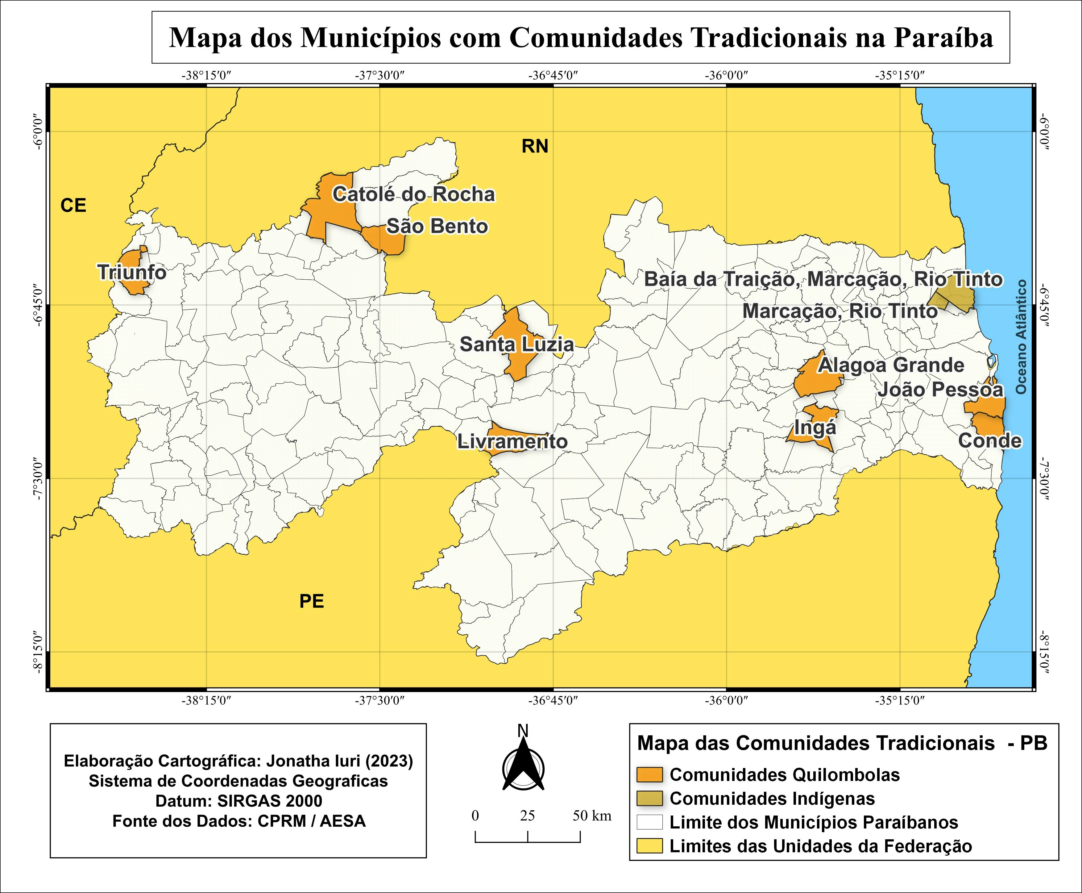 Mapa dos municípios comunidades tr da PB